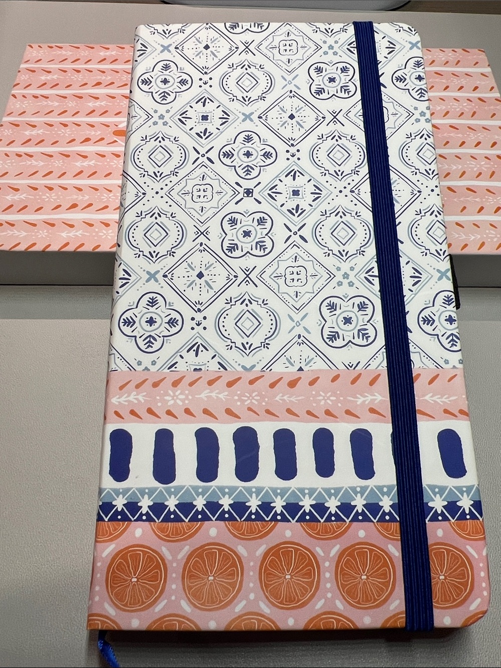 Patterned Elastic-Band Journal in Navy, Coral & White